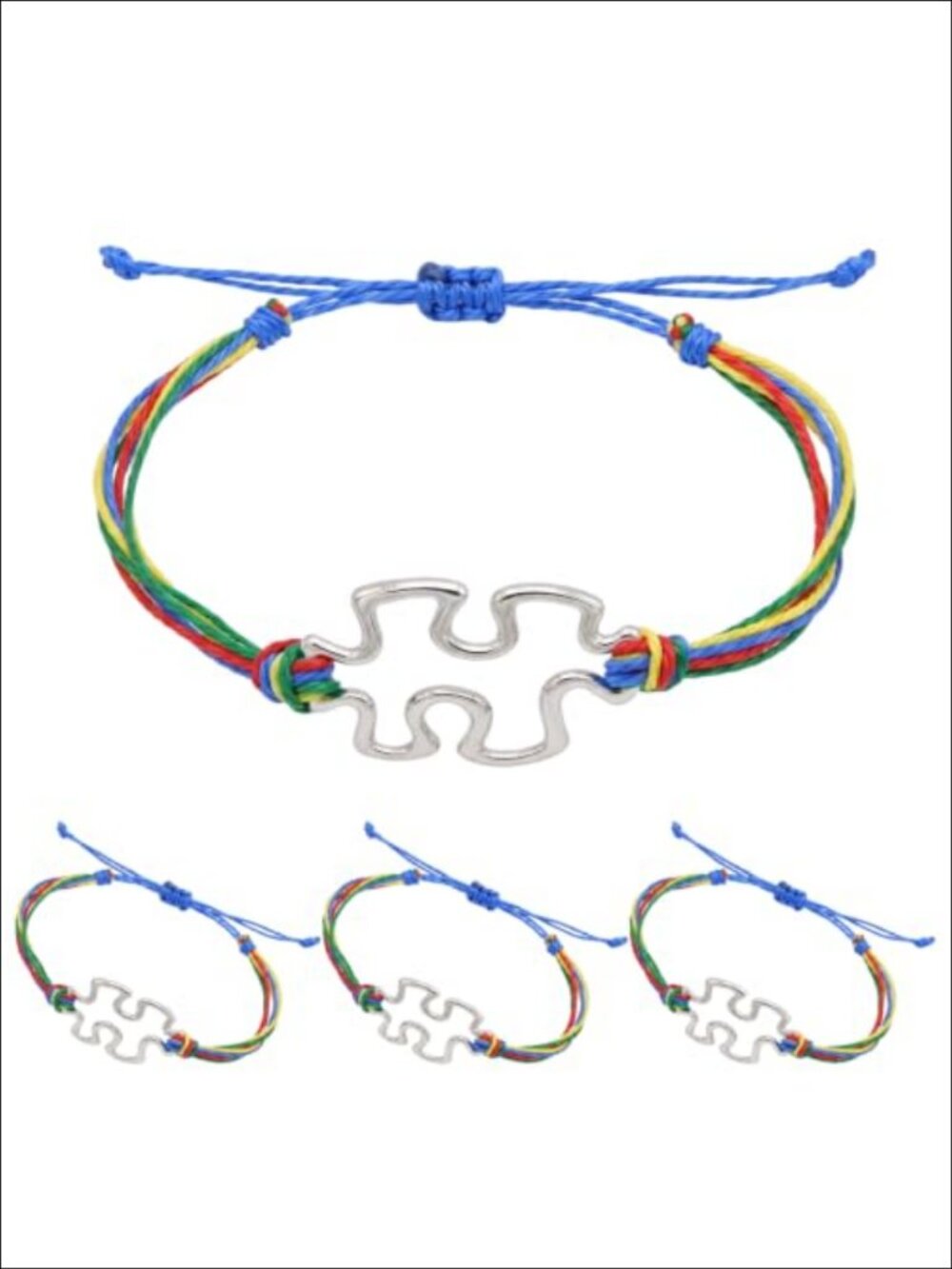4 Pc Autism Awareness Bracelet Handmade Adjustable Stainless Steel Puzzle Charm